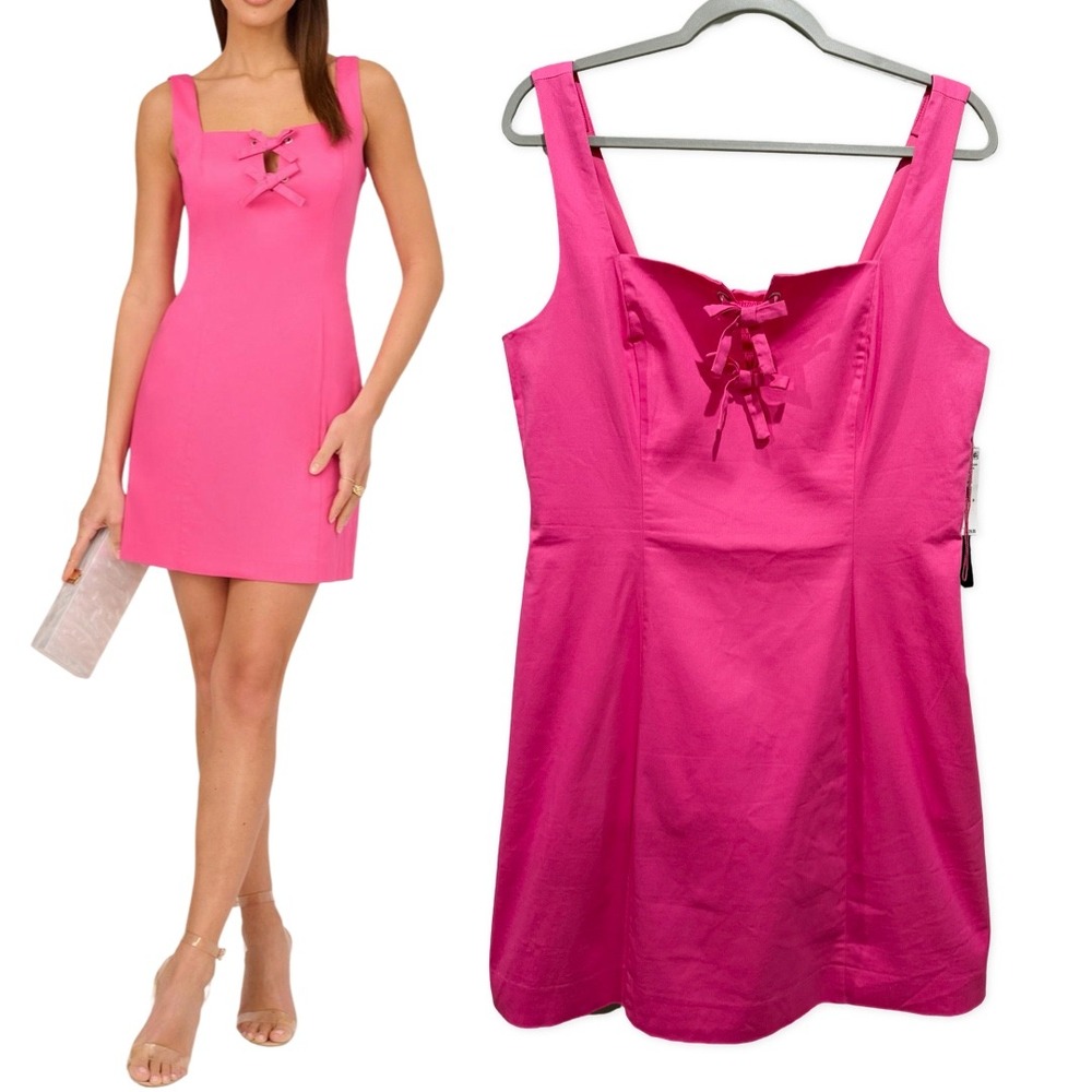 Adrianna Papell A-line Mini Dress Sleeveless Pink Size 12 Bow Square Neck Cotton